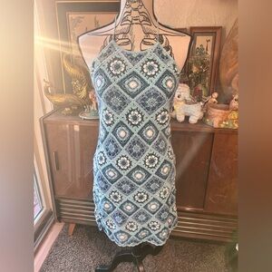 Crocheted granny square halter mini dress
